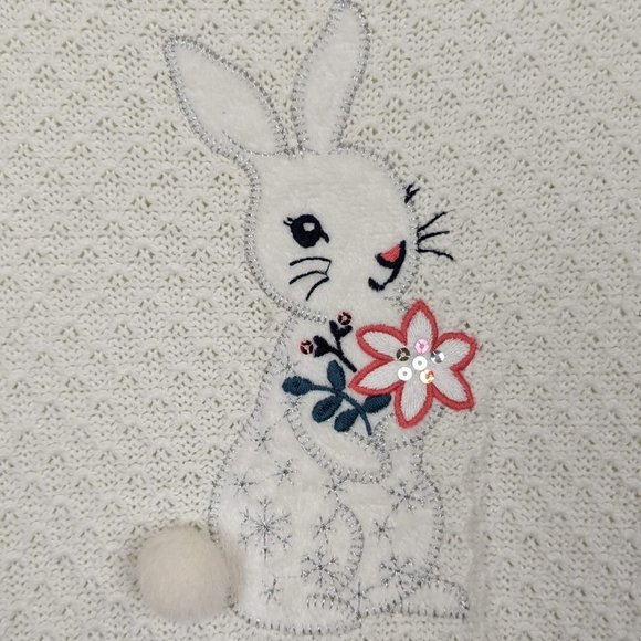 Girls Knit White and Blue Dress with Embroidered bunny and pompom - Picture 4 of 14